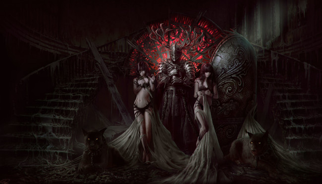 Обои картинки фото фэнтези, красавицы и чудовища, девушки, волки, рыцарь