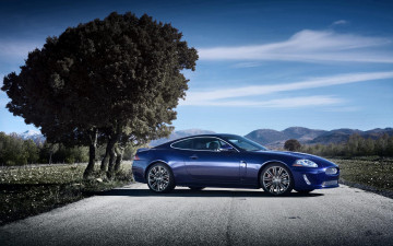 Картинка автомобили jaguar синий дорога Ягуар деревья трасса шоссе