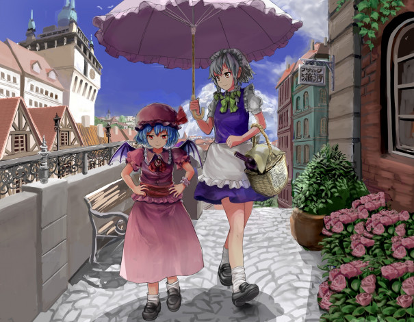 Обои картинки фото аниме, touhou, фон, взгляд, девушки