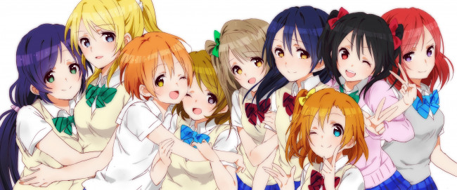 Обои картинки фото аниме, love live,  school idol project, фон, взгляд, девушки