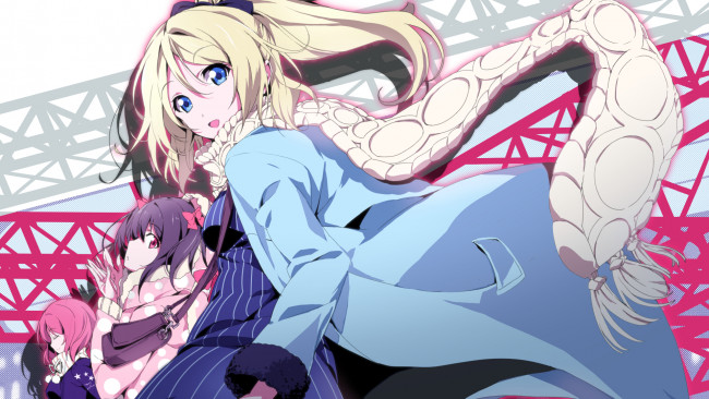 Обои картинки фото аниме, love live,  school idol project, фон, взгляд, девушки