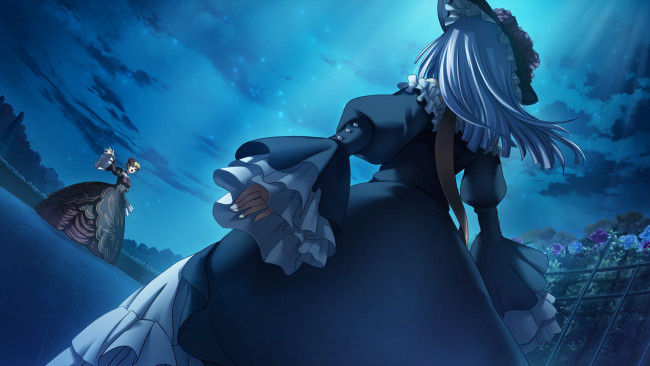 Обои картинки фото аниме, umineko no naku koro ni, фон, взгляд, девушка