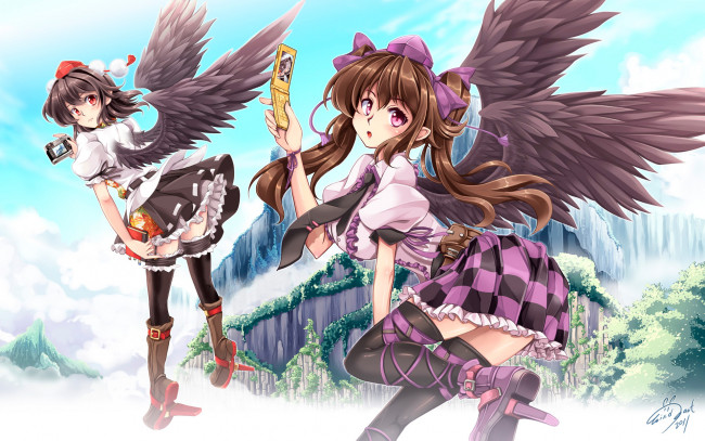 Обои картинки фото аниме, touhou, взгляд, фон, девушки