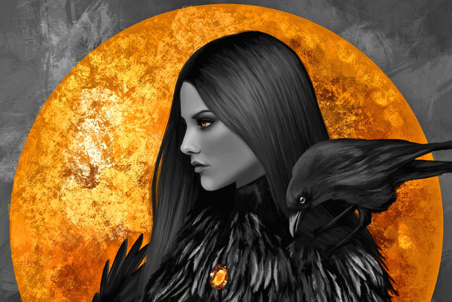 Обои картинки фото фэнтези, девушки, взгляд, девушка, ворона, фон