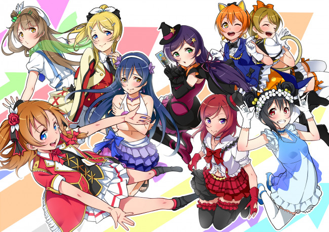 Обои картинки фото аниме, love live,  school idol project, фон, взгляд, девушки