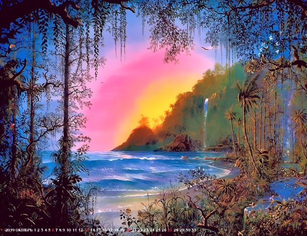 Обои картинки фото календари, фэнтези, calendar, 2019, водопад, пейзаж, растение, природа, водоем