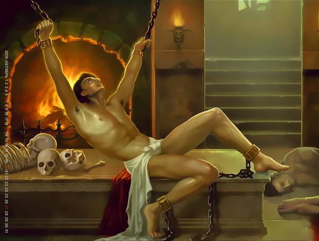 Обои картинки фото календари, фэнтези, мужчина, череп, цепь, очаг, пламя, ступени, помещение, calendar, 2019