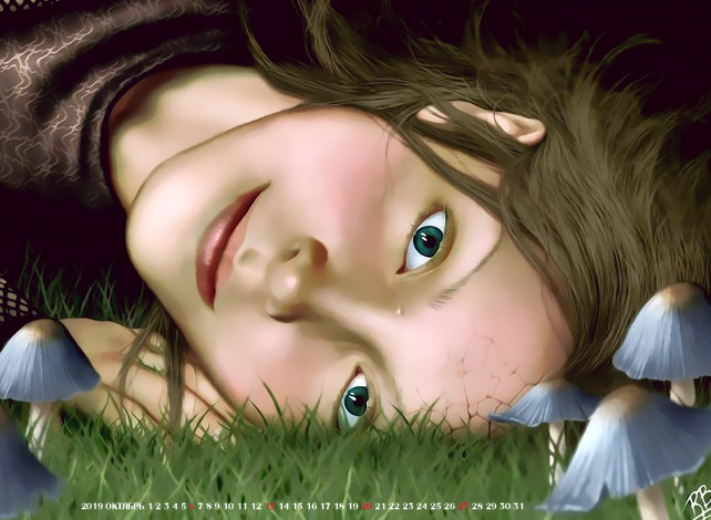 Обои картинки фото календари, фэнтези, 2019, calendar, лицо, взгляд, грибы