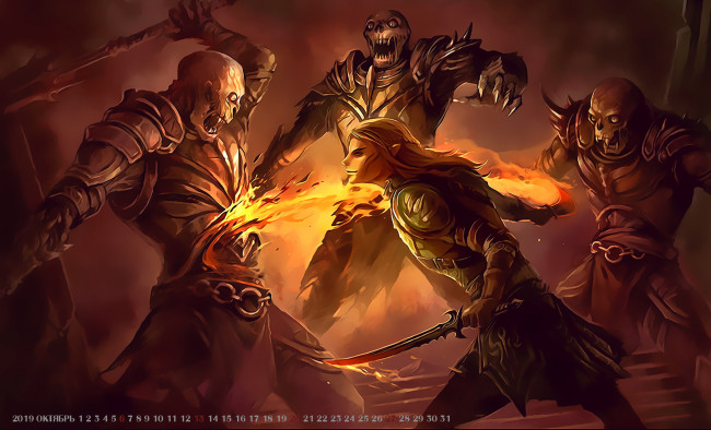 Обои картинки фото календари, фэнтези, 2019, calendar, монстр, нежить, ооужие, огонь, пламя, существо