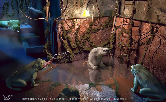 Обои картинки фото календари, фэнтези, животное, жаба, лягушка, помещение, calendar, 2019