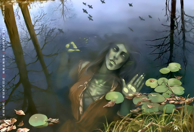 Обои картинки фото календари, фэнтези, 2019, calendar, женщина, растение, деревья, водоем