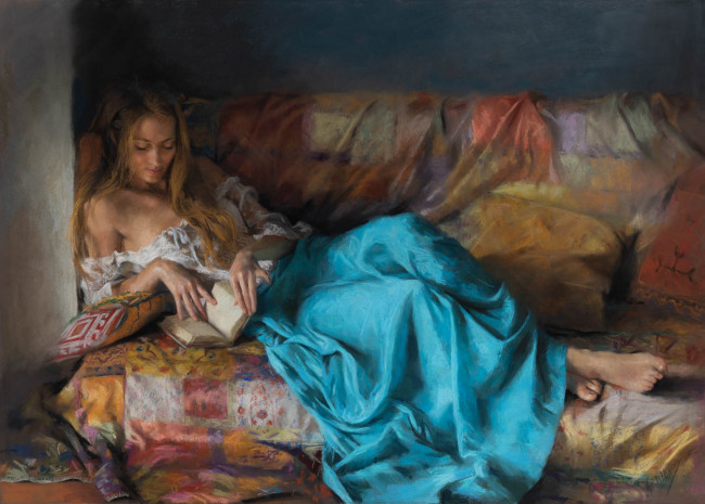 Обои картинки фото рисованное, живопись, девушка, книга, диван, vicente, romero