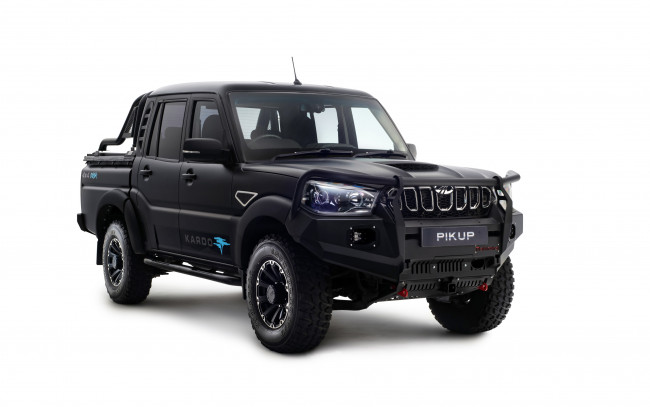 Обои картинки фото автомобили, mahindra, pik, up, karoo, dusk, double, cab, 4k, студия, 2021, года, джип, za, spec, черный, пикап
