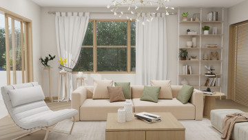 Картинка интерьер гостиная диван кресло журнальный столик люстра полки