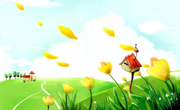 Картинка рисованное природа домик лепестки цветы