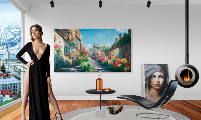 Обои картинки фото девушки, - брюнетки,  шатенки, шатенка, декольте, поза, черное, платье, картина