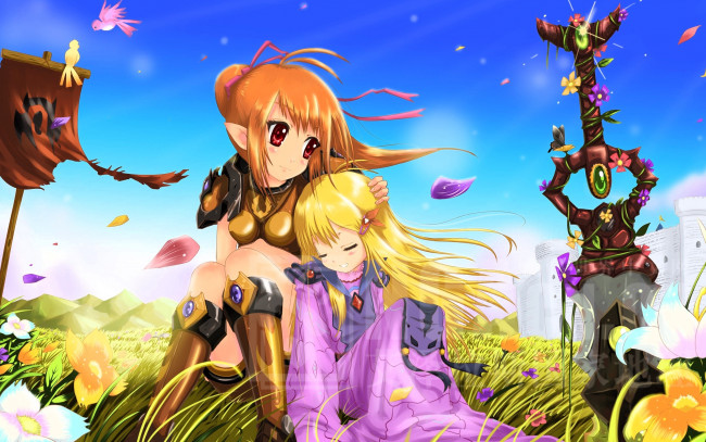 Обои картинки фото видео игры, world of warcraft, девушки, знамя, меч, поле, цветы