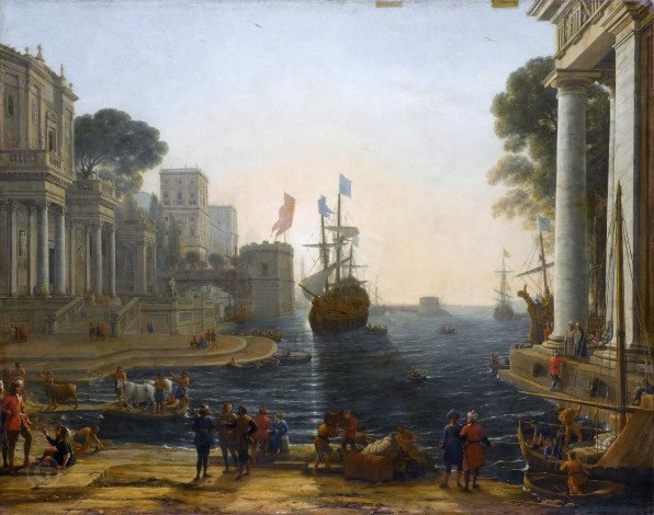 Обои картинки фото claude lorrain, рисованное, лувр, лоррен, клод, желле, 1600, шамань, 1682, рим, oдиссей, возвращает, хрисеиду, ее, отцу