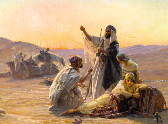 Обои картинки фото рисованное, otto pilny, женщины, пленницы, бедуины, пустыня, верблюды