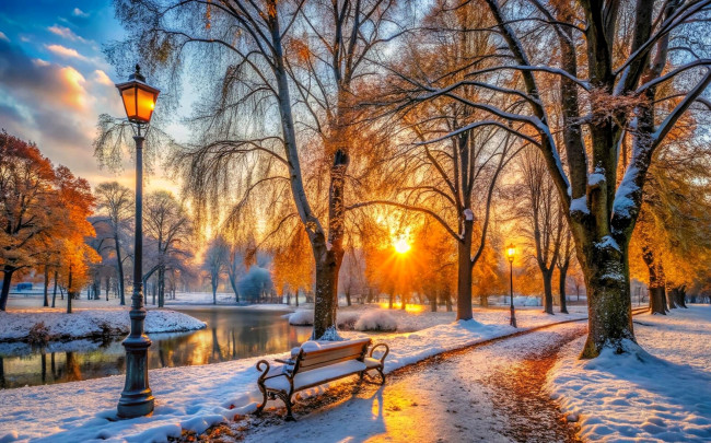 Обои картинки фото 3д графика, природа , nature, парк, аллея, деревья, дорожки, снег, скамейка, фонарь, река