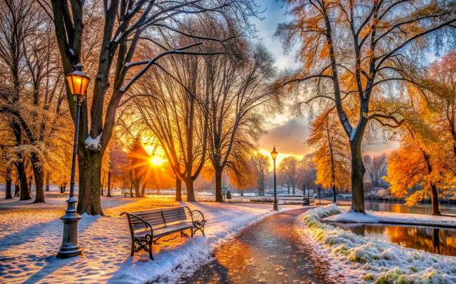 Обои картинки фото 3д графика, природа , nature, парк, деревья, закат, снег, дорожка, фонари, скамейки