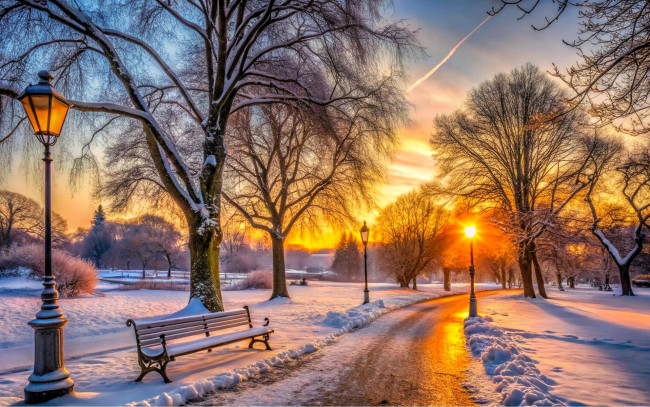 Обои картинки фото 3д графика, природа , nature, парк, аллея, деревья, дорожки, скамейка, фонарь, снег