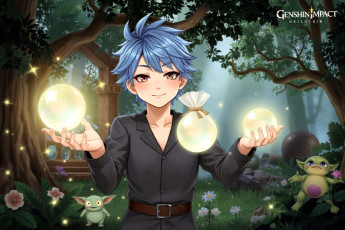 обоя аниме, genshin impact, парень, свет, существа, лес, деревья, цветы