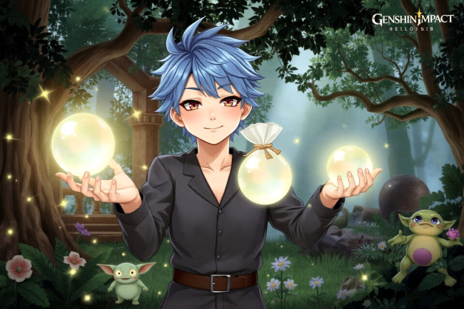 Обои картинки фото аниме, genshin impact, парень, свет, существа, лес, деревья, цветы