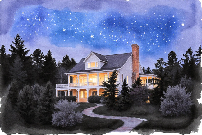 Обои картинки фото рисованное, города, дом, особняк, деревья, кусты, ночь, звезды, дорожка