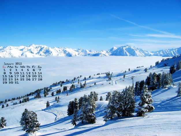 Обои картинки фото календари, природа, зима, снег, ель, горы