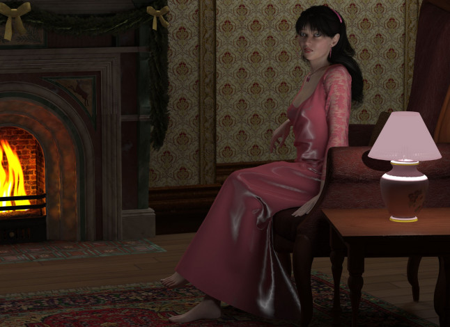 Обои картинки фото 3д, графика, people, люди, светильник, камин, девушка