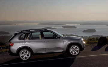 Картинка bmw x5 автомобили джип серебристый река острова
