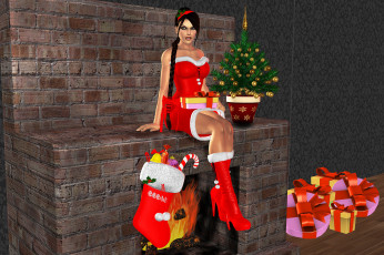 Картинка 3д+графика holidays +праздники камин подарки елка девушка