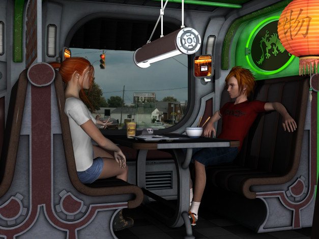 Обои картинки фото 3д графика, fantasy , фантазия, мальчик, девушка, стол