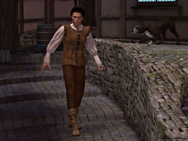 Обои картинки фото 3д графика, people , люди, лесница, собака, мужчина