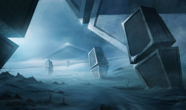 Обои картинки фото фэнтези, иные миры,  иные времена, надписи, сооружения, пустыня, обелиски, зима, ветер