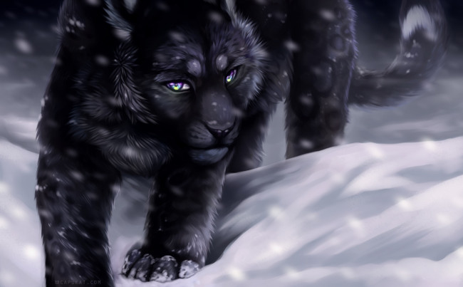 Обои картинки фото рисованные, животные,  коты, кот, снег