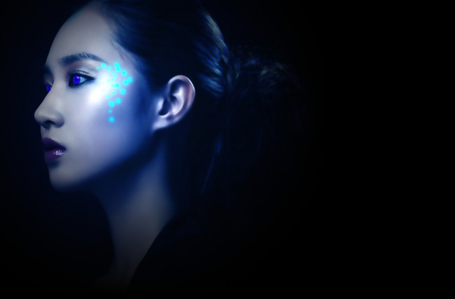 Обои картинки фото 3д графика, portraits , портрет, девушка, азиатка, лицо, профиль, черный, фон, синие, глаза, губы