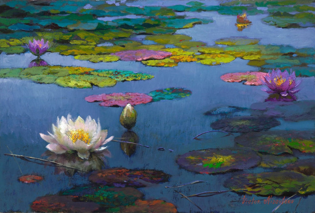 Обои картинки фото виктор низовцев, рисованные, лилии, пруд, цветы, виктор, низовцев, листья
