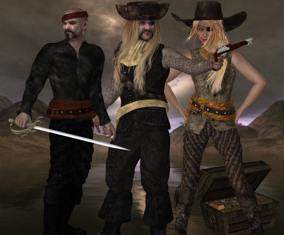 Обои картинки фото 3д графика, фантазия , fantasy, пираты, оружие, мужчины, фон, взгляд, девушка, сундук