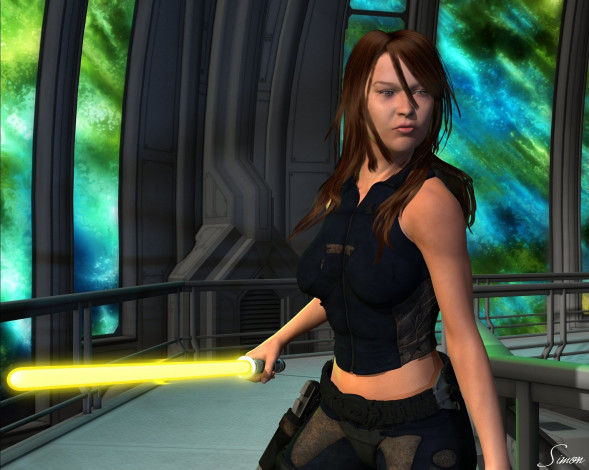 Обои картинки фото 3д графика, фантазия , fantasy, оружие, фон, взгляд, девушка