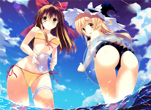 Обои картинки фото аниме, touhou, hakurei, reimu, bullet, kirisame, marisa