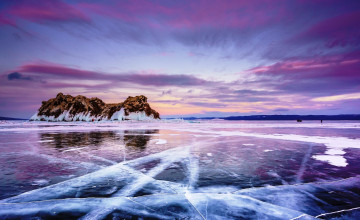 Картинка скала+еленка +байкал природа реки озера озеро лед зима остров небо облака закат