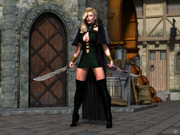 Обои картинки фото 3д графика, фантазия , fantasy, фон, взгляд, девушка, оружия, грудь