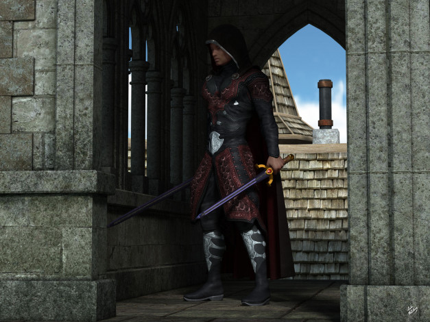 Обои картинки фото 3д графика, фантазия , fantasy, взгляд, мужчина, фон, оружие