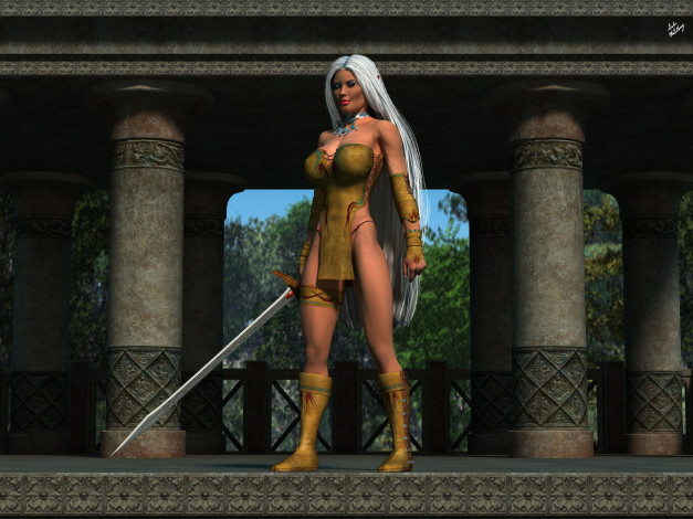 Обои картинки фото 3д графика, фракталы , fractal, девушка, оружия, грудь, фон, взгляд