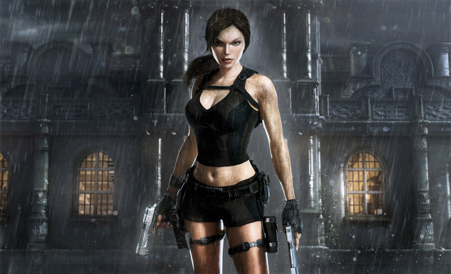 Обои картинки фото видео игры, tomb raider,  underworld, дождь, дом, оружие, лара, крофт