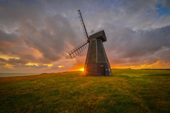 обоя разное, мельницы, закат, облака, мельница, поле