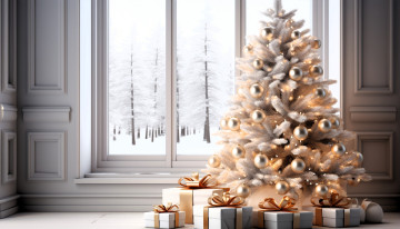 обоя праздничные, ёлки, ёлка, подарки, окно, лес, снег