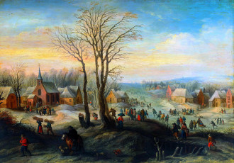 Картинка рисованное живопись люди снег зима дерево селение